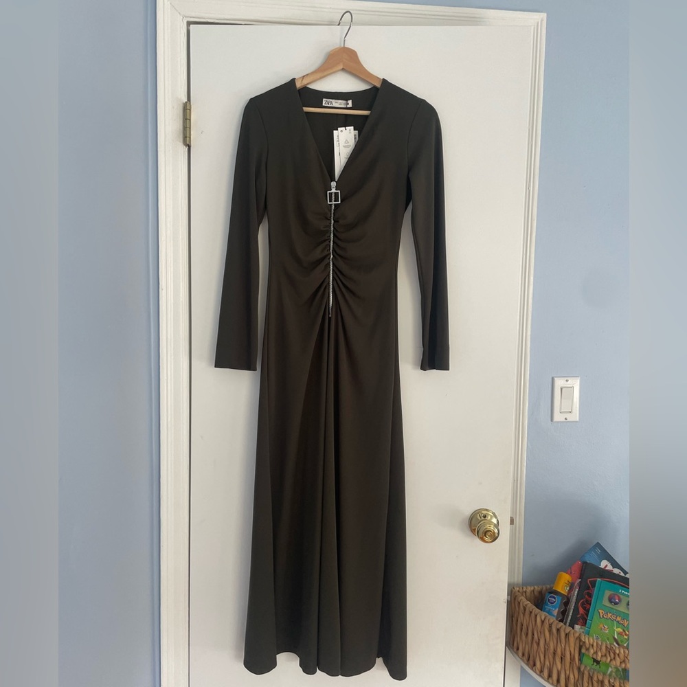 Zara Women Long Maxi Dress in Dark Green Size S Zip-Up Front